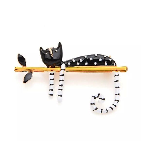 💎113💎 Cat Kitten Kitty Pin Brooch Lazy Cat Sitting on A Tree Enamel - Picture 1 of 10